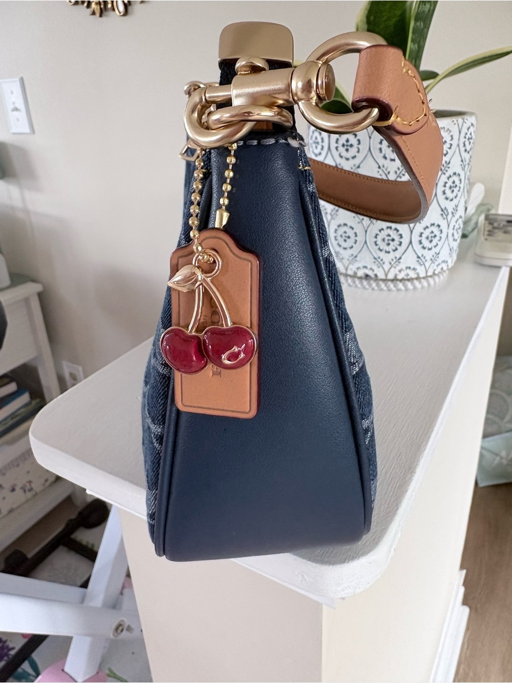 Coach Denim Signature Canvas Shoulder Bag with Cherry Charm - Picture 7 of 10